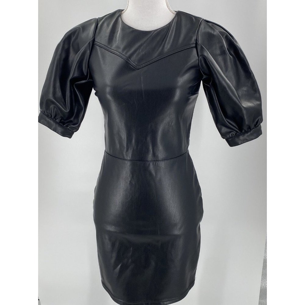NWT H&M Divided Pleather Dress Black Puff Short Sleeves Body Con XS
